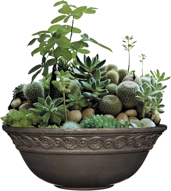Classic Home and Garden Indoor/Outdoor Round Corinthian Resin Flower Pot Planter Bowl, Bronze, 12"