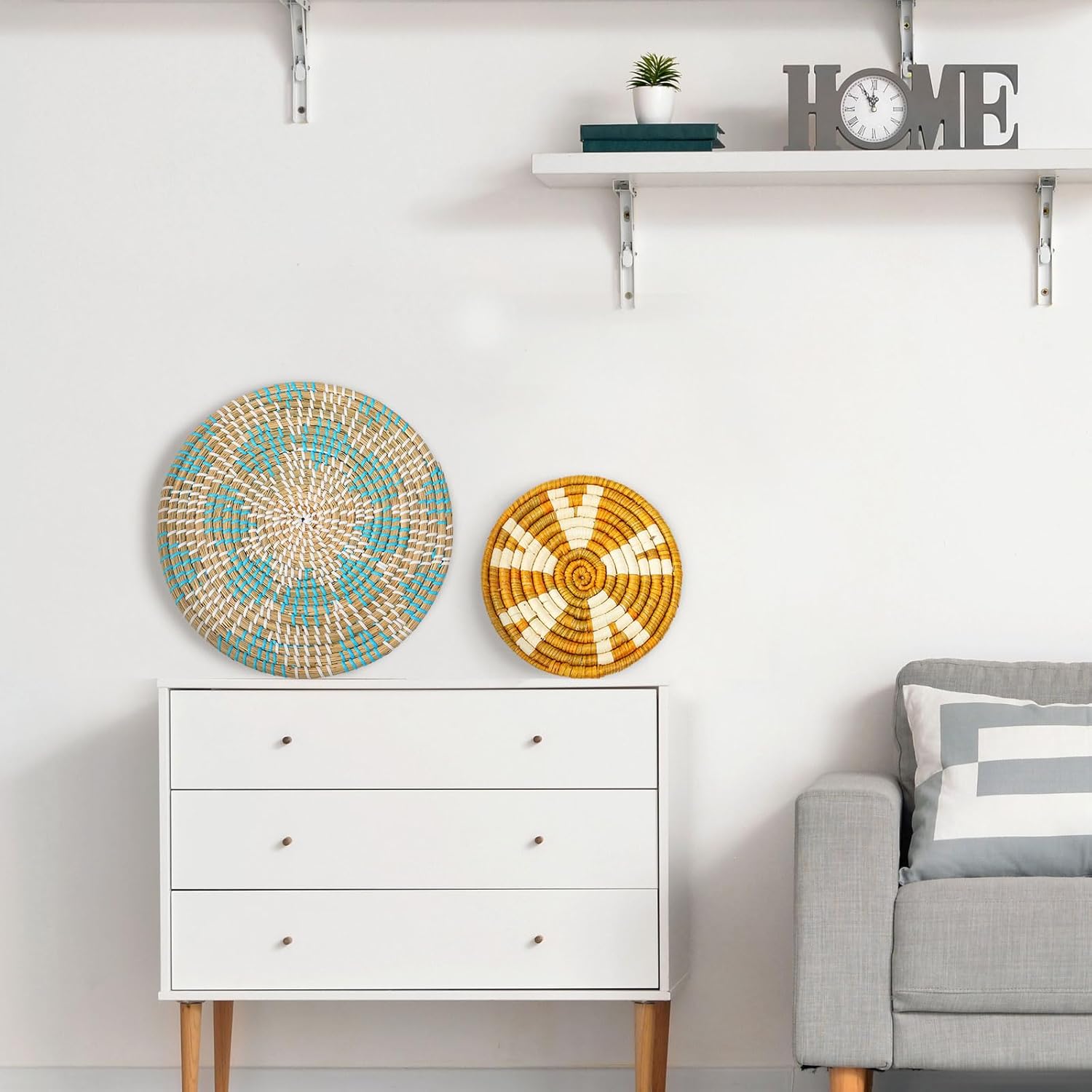 Tatuo 11 Pcs Boho Wall Basket Decor Decorative Bulrush Woven Basket Wall Decor Art Round Farmhouse Hanging Baskets for Kitchen Rustic Home Summer Decorations, Multi Sizes(Bright)