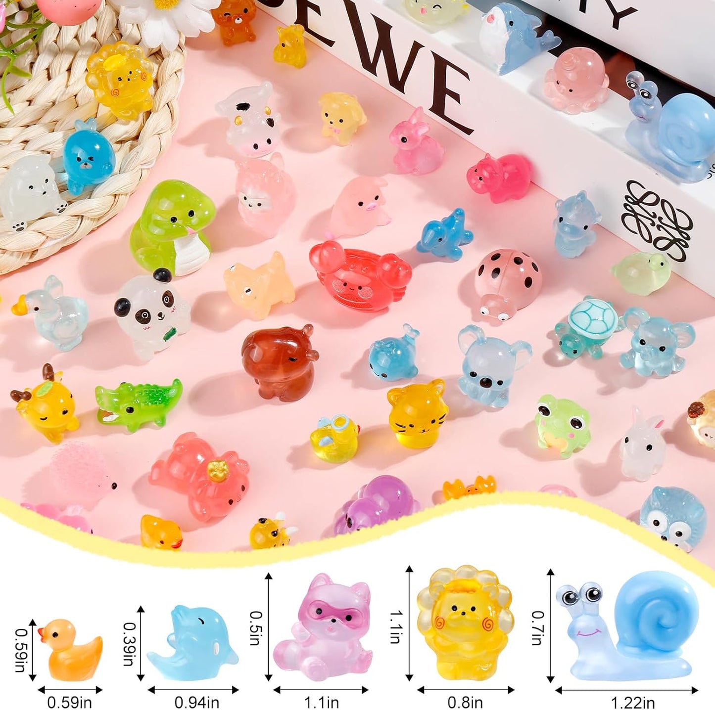 52Pcs Luminous Mini Resin Animals 52 Styles Miniature Glow in the Dark Resin Animal Figures to Hide Tiny Small Little Ducks Turtles Dinosaurs and Frogs for Micro Landscape Dollhouse Fairy Garden Decor