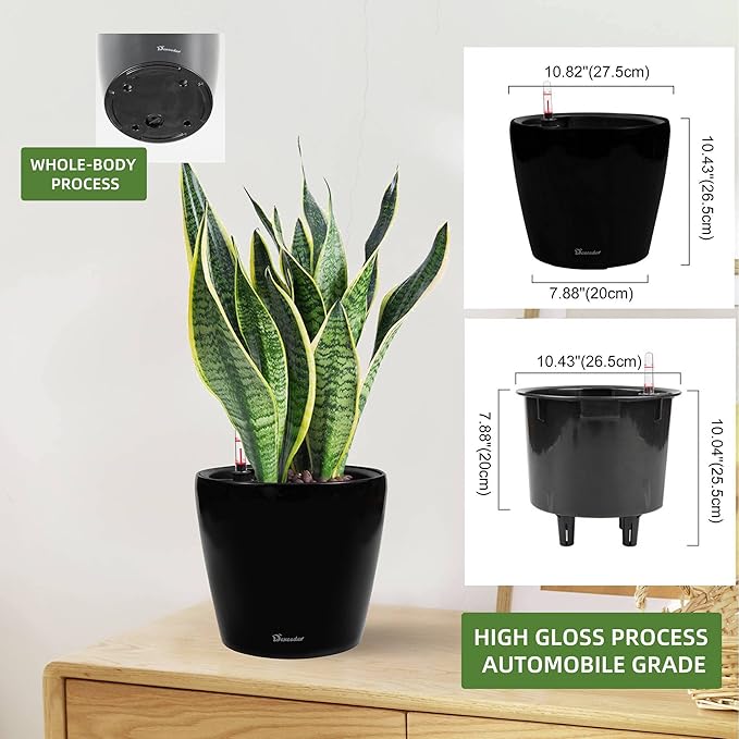 Dexceder 11x10 Inches High Gloss Self Watering Planter Indoor Outdoor, Inner Pot Design, Thickened Table Flower Plant Pot with Water Level Indicator (Black)