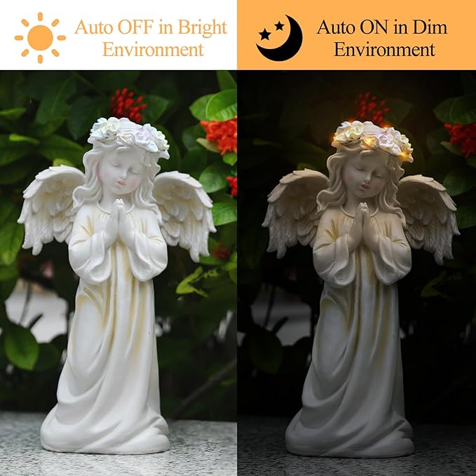 Angel Garden Statue,Memory Guardian Solar Garden Decor with Warm Light,Waterproof Outdoor Garden Decor Praying Angel Figurine Sculpture for Lawn Yard Patio,Sympathy Gift,White