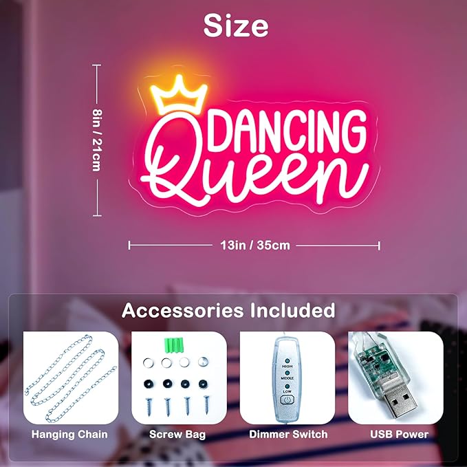 Dancing Queen Neon Sign, Dimmable LED Neon Lights for Wall Decor Neon Light Up Signs for Bedroom Dancing Party Bar Club Birthday Party Decoration Gift for Girl Kid lover