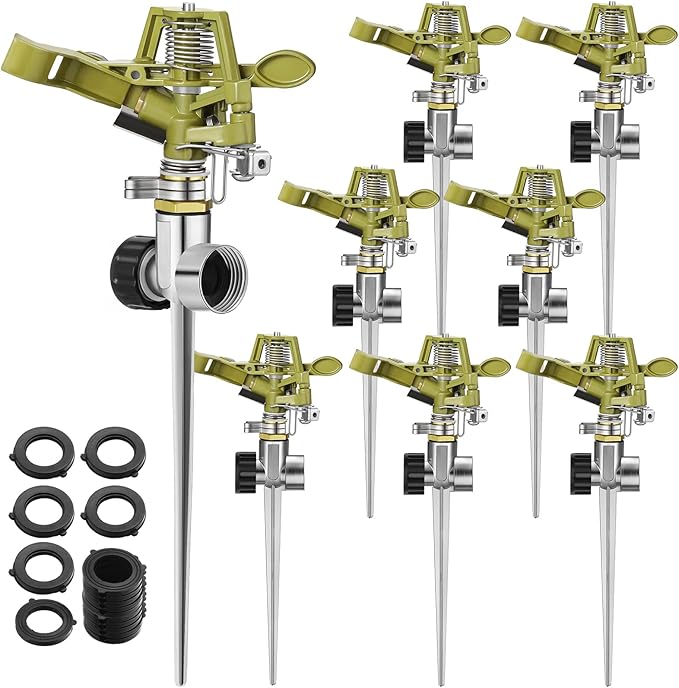 Chengu 8 Set Zinc Alloy Water Sprinklers Heads for Lawns Yard Heavy Duty Adjustable 360 Degree Watering Impact Pulsating Garden Sprinklers Multipack for Large Area Irrigation