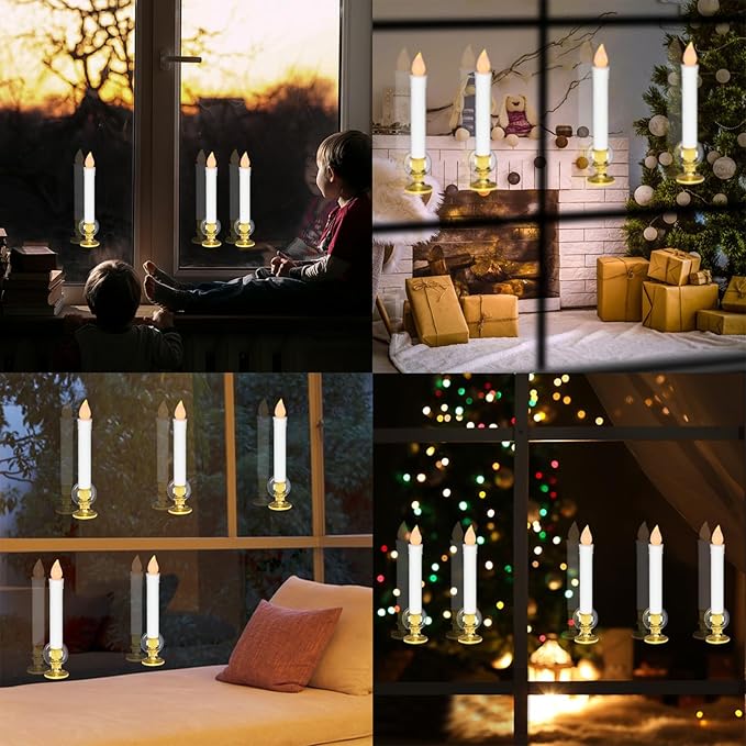 DRomance 9" Flameless Window Taper Candles Battery Operated with 8-Key Remote and Timer, 4 Pack White Christmas Holdiay Window Candles with Gold Holders, Suction Cups and AA Batteries Included