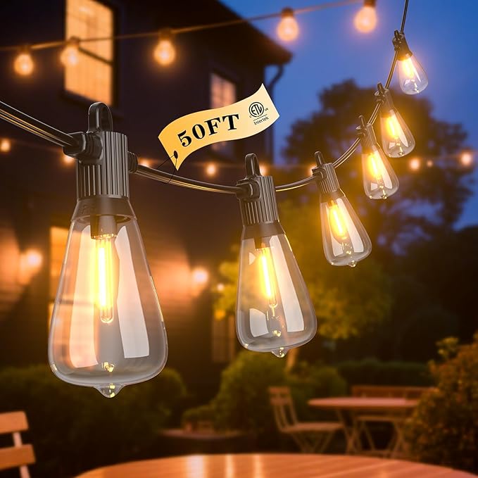 FOOMAN LED Outdoor String Lights, 50FT Outside Waterproof Patio Lights with 25+2 Shatterproof ST38 Edison Bulbs, 2700K Warm White Hanging Light, Dimmable Light for Backyard Garden Bistro Party