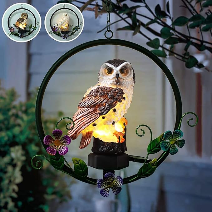 ASFSKY Gift for Owl Lovers Garden Solar Hanging Owl Statue Waterproof Outdoor Hanging Garden Decorations (Brown)