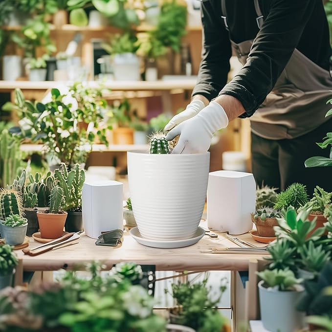 8 Inch Ceramic Planter Pot Round Plant Pot with Drainage Hole and Saucer Modern Flower Pot for Indoor Outdoor Plants White