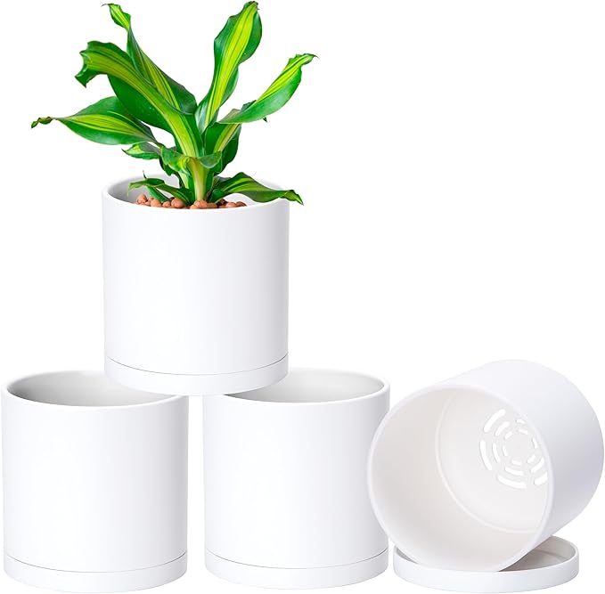 D'vine Dev 4 Pack 5.5 Inch Modern Plastic Plant Pots, Small Garden Planters for Plant with Drainage Holes and Saucers, White Color, 74-Z-H-2