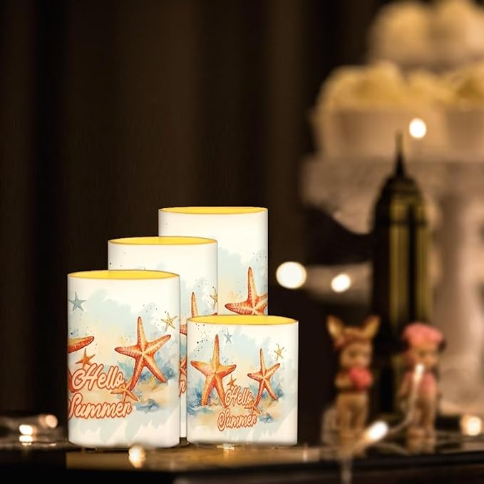 Flameless LED Candles Electric Candles with Remote Timer Control Color Changing Long Lasting Tealights Fake Candles Set of 4, Beach Themed Home Decoration, Starfish Hello Summer