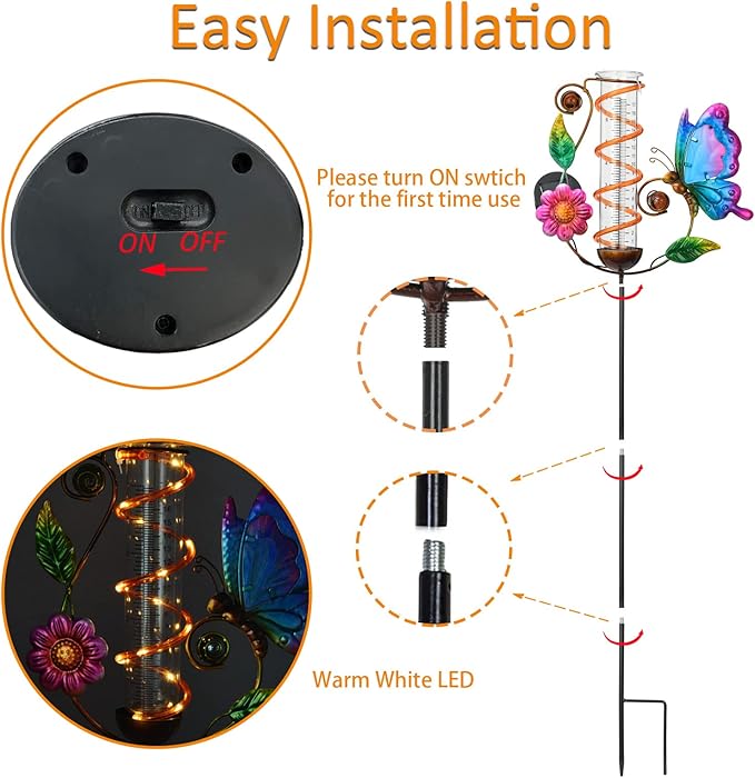 BAYN 36.3” Rain Gauge Outdoor Solar Powered 10 LEDs 7” Tube Garden Butterfly Metal Decorative Stake with Waterproof Large Glass Tube Rain Guage for Yard, Garden, Patio, Lawn