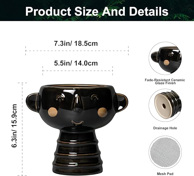 Face Planter - 7 Inch Ceramic Head Planters for Indoor Plants Outdoor, Cute Succulent Pots with Drainage Hole, Decorative Plant Pot, Home Office Room Decor, Black