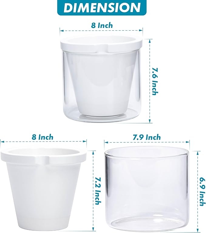 D'vine Dev 8 Inch Design Self Watering Planter for Indoor Plants, White Terracotta Pots with Cylinder Glass Cup, 37-X-C-2