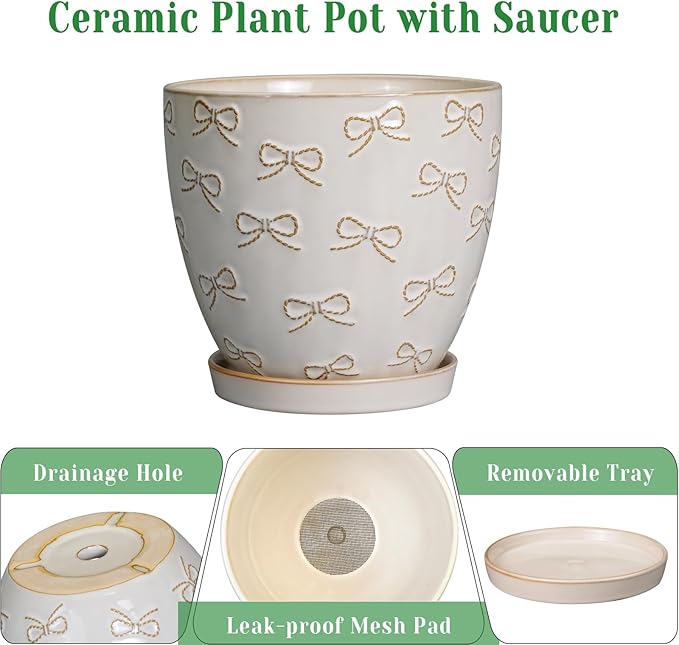 Ceramic Plant Pot 6 Inch - Ceramic Planter with Drainage Hole and Saucer Round Planter Flower Pot for Indoor Plants Outdoor Home Garden Office Decor White