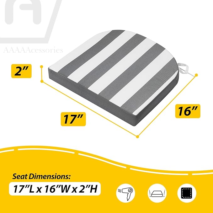AAAAAcessories Outdoor Seat Cushions for Chairs, Waterproof, Fade-Resistant Patio Furniture Replacement Cushions, 17" x 16" x 2", Set of 2, Gray Cabana Stripe