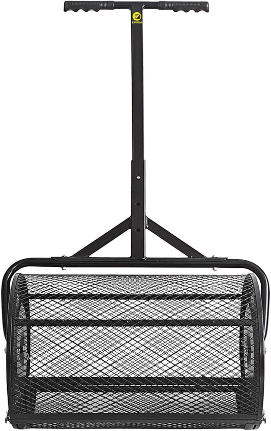 Compost Spreader, 24" Peat Moss Spreader, Roller Lawn Spreader with 3 Heights T Shaped Handle, Side Latches Powder Coated Steel Mesh Basket, Lawn & Garden Spreader for Spreading Manure Topsoil Black