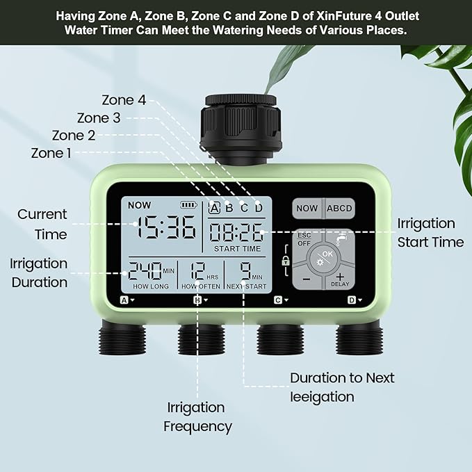 4 Outlet Sprinkler Timer, Programmable Garden Hose Timer with Rain Delay, Manual& Automatic Watering System, Waterproof Gardening Supplies Irrigation Controller for 4 Separate Water Zones