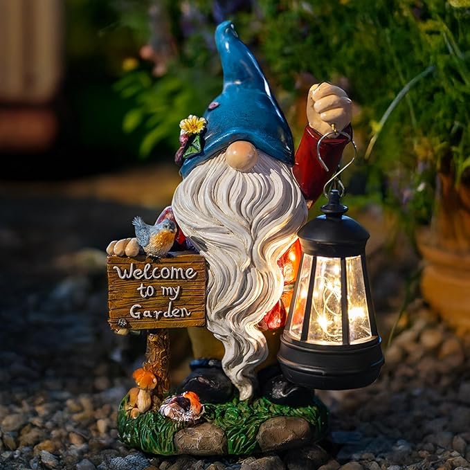C&Y&G&X Solar Garden Gnome Statue – Waterproof Outdoor Decor with Solar Lantern LED Lights and Welcome Sign for Yard, Lawn, Patio – Ideal Gift for Grandma Mom Women