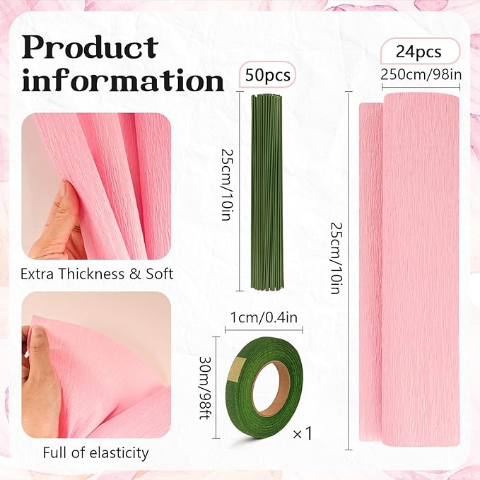 24 Colors Crepe Paper Rolls 10 x 98 Inch Crepe Paper Sheets Assorted Streamers with Floral Stem Wire and Green Floral Tapes DIY Flower Wrapping Paper for Birthday Party Wedding Festival Decoration