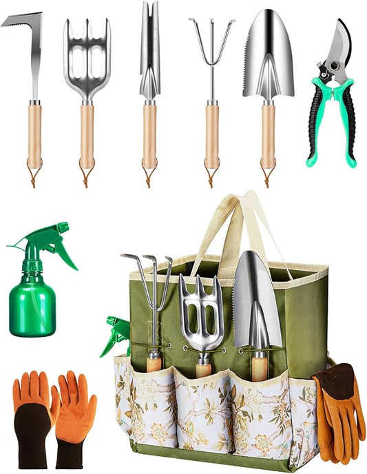 9-Piece Premium Gardening Tool Set for Women - Heavy Duty Stainless Steel Rust-Proof Tools with Fashion Storage Tote | Perfect Gardening Gifts for Mom, Mother's Day, Birthday & Outdoor (Green)
