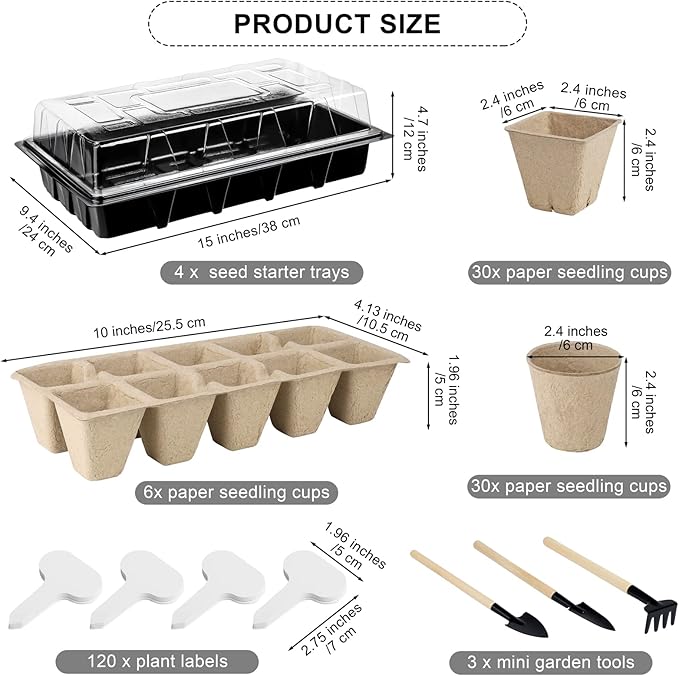 Aodaer 193 Pack Seed Starter Kit Including Seed Starter Tray Peat Pots for Seedlings with Plant Labels, Tool, Plastic Growing Trays Germination Tray Paper Seedling Cups for Indoor Outdoor Garden