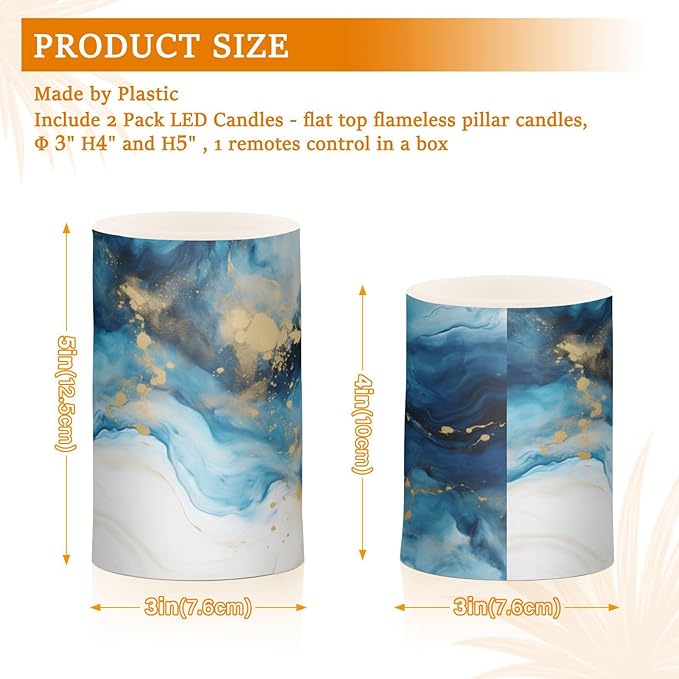 Flickering Flameless Candles, Marble Navy Blue LED Candles with Remote Timer, Set of 2 Battery Operated Candle for Valentine Wedding Birthday