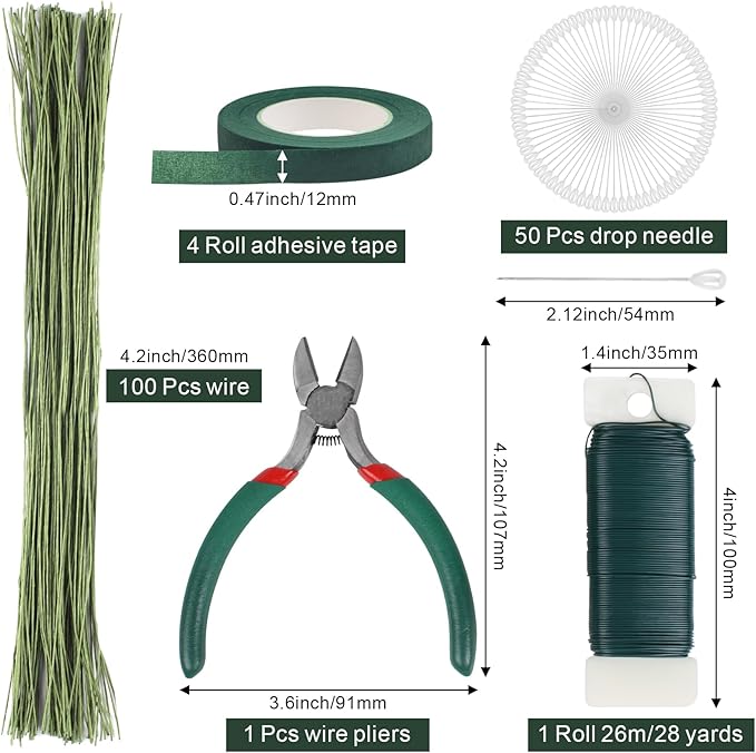 DSUWAZU Floral Tape and Wire Arrangement Tools Kit, Green Tape, Boutonniere Pin for Bouquet Stem Wrap, Florist and Wreath Making Supplies