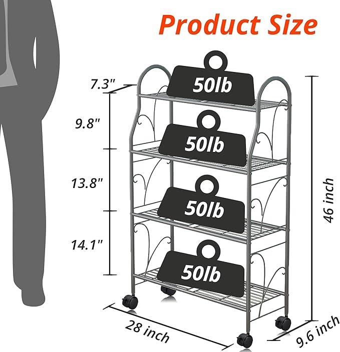 4 Tier Metal Plant Stand with wheels rack, Heavy Duty Metal Plant Shelf for Indoor/Outdoor Living Room, Balcony, Garden, Black