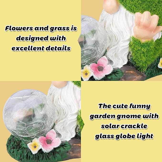 Garden Gnome Statue with Solar Crackle Glass Globe Lights, Resin Gnomes Statue, Patio Yard Lawn Porch Outdoor Garden Decor Christmas Housewarming Gift