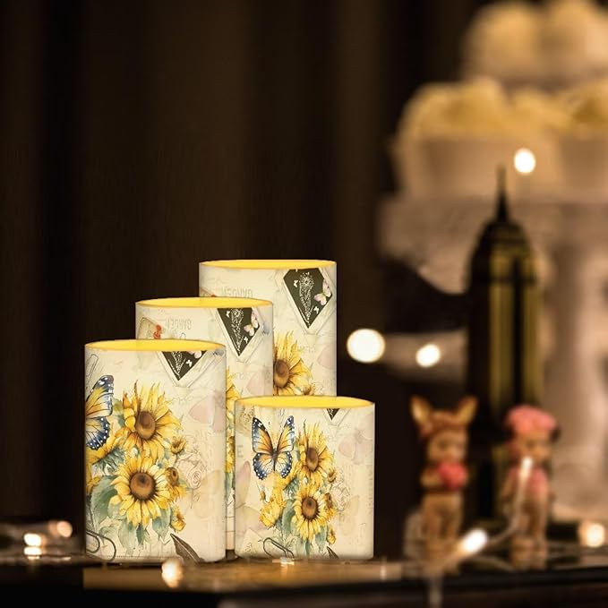 Flameless Candles Battery Powered LED Candles with Remote Timer Color Changing Control Long Lasting for Indoor Outdoor Home Table Decoration Set of 4, Butterfly Sunflower Retro