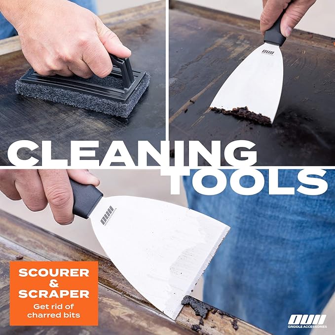 Flat Top Griddle Accessories Set for Blackstone and Camp Chef Griddle - 14 Pieces Set with Griddle Cleaning Kit & Carry Bag! Metal Spatula, Griddle Scraper, Egg Rings for Teppanyaki & Gas Grill