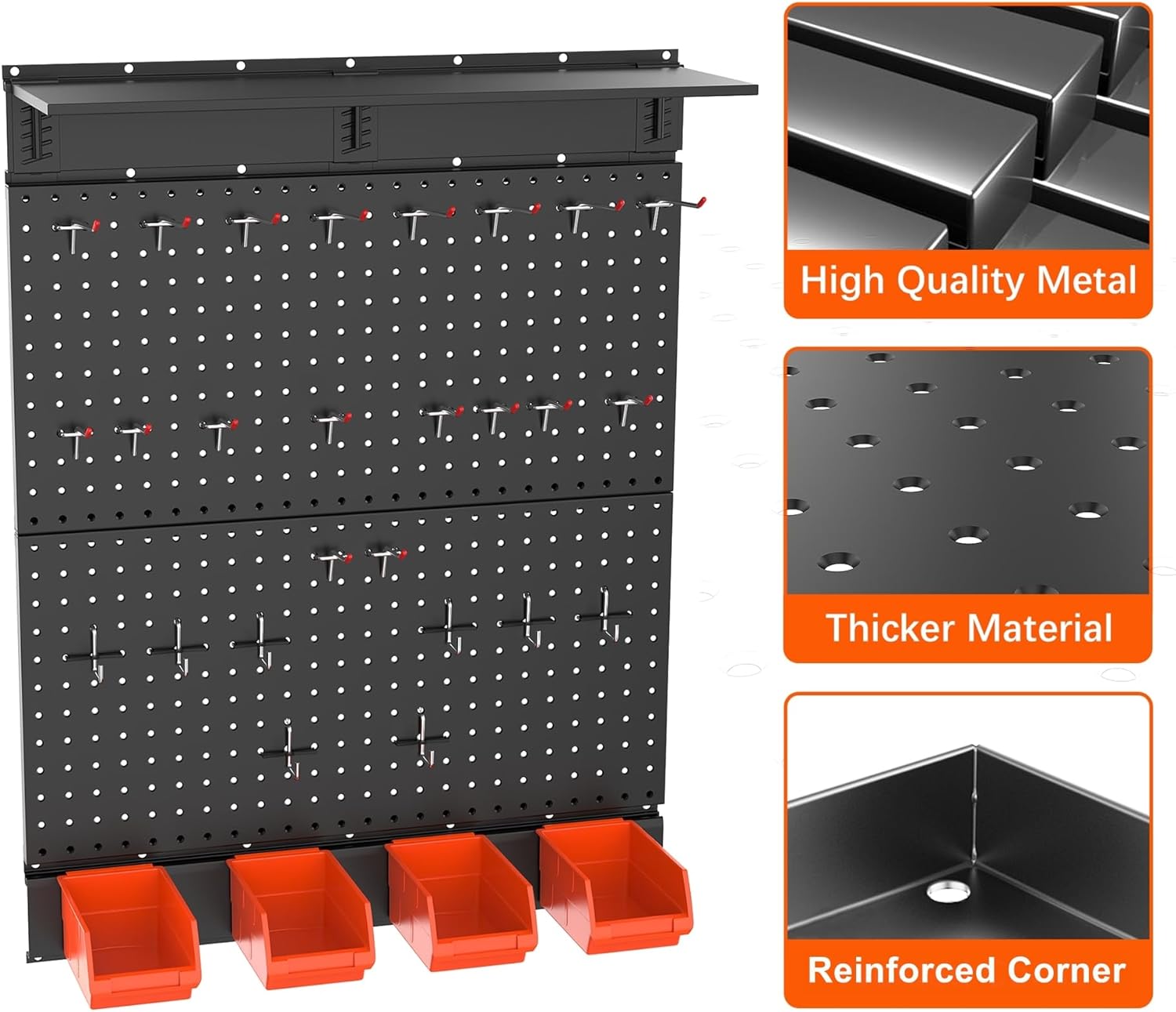 TORACK Garage Metal Pegboard with Accessories, Tools Organizer Peg Board with Pegboard Hooks, Bins, Tool Storage Pegboards for Wall(Black)