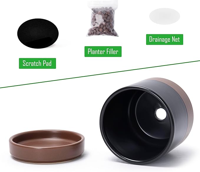 D'vine Dev 3.5 Inch & 4.7 Inch Ceramic Planter Pots for Plants with Drainage Hole and Saucer, X-Small Plant Pots Set, Black/Speckled Tan, 94-G-XS-7