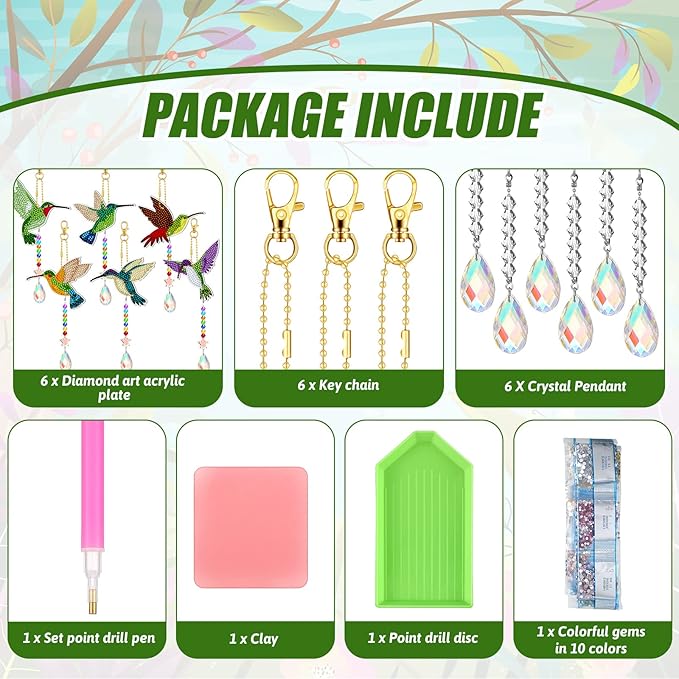 Tradder 6 Pcs Diamond Art Kits 5d Rhinestone Painting Wind Chimes Art Sun Catchers Double Sided Hummingbird Birds Art Kits with Crystal Pendant for Adults Home Window Decor Garden