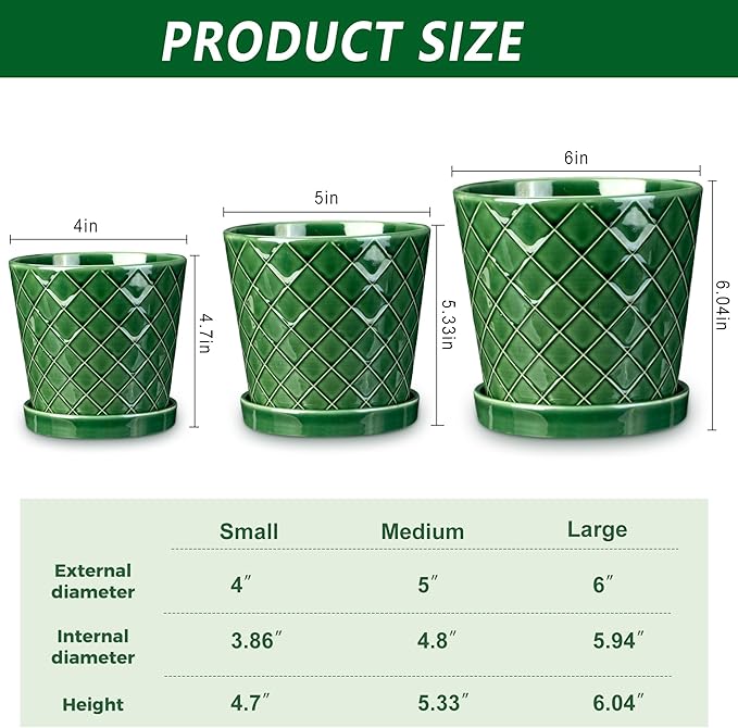 EFISPSS Ceramic Plant Pots, 4+5+6 Inch Pots for Indoor Plants, Flower Pots with Drainage Hole and Tray,Indoor/Outdoor Usage, Modern Style Garden Pots Set of 3 - Patina