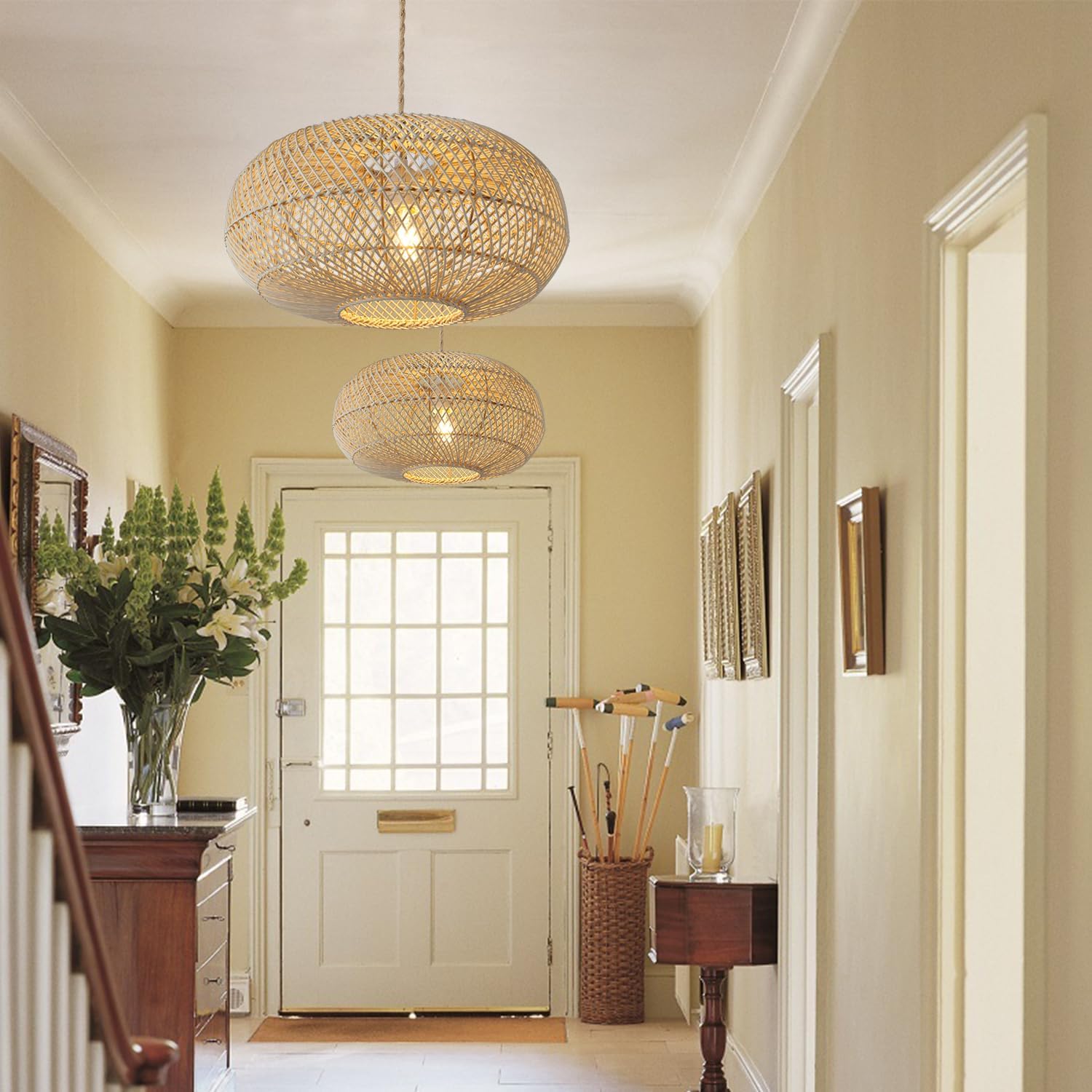 Rattan Pendant Light 16" 1-Light Hand-Woven Rattan Hanging Light，Wicker Woven Basket Chandelier，Modern Bohemian Pendant Lamp for Kitchen Island Foyer Farmhouse Porch