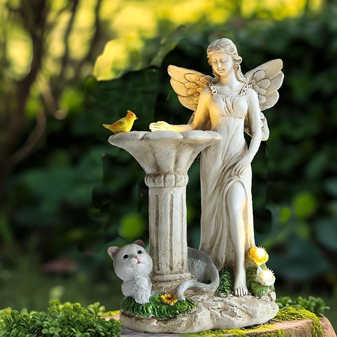 Angel Garden Statue, Solar Figurine with Outdoor Décor Resin Cat Sculpture Lawn Ornament,Ideal Yard Art for Patio Lawn Yard Housewarming Garden Gift