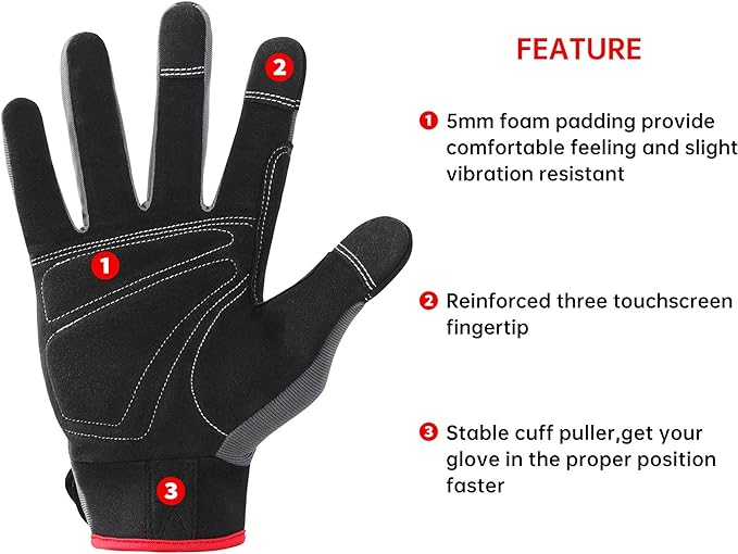 DULFINE Flex Grip Mechanic Work Gloves for Men,Black and Red Utility Safety Working Gloves Touch Screen,Excellent Grip,Ideal for Working on Cars and Outdoor Jobs(X-Large)