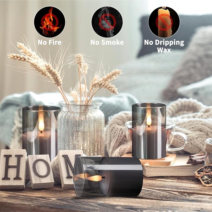 6Pack Glass Flickering Flameless Candles with Remote, 2"X3" Real Wax Votive Candles Battery Operated, Small Electric LED Candles for Wedding Home Decor, w/4 Timers+2 Lighting Modes [Gray]