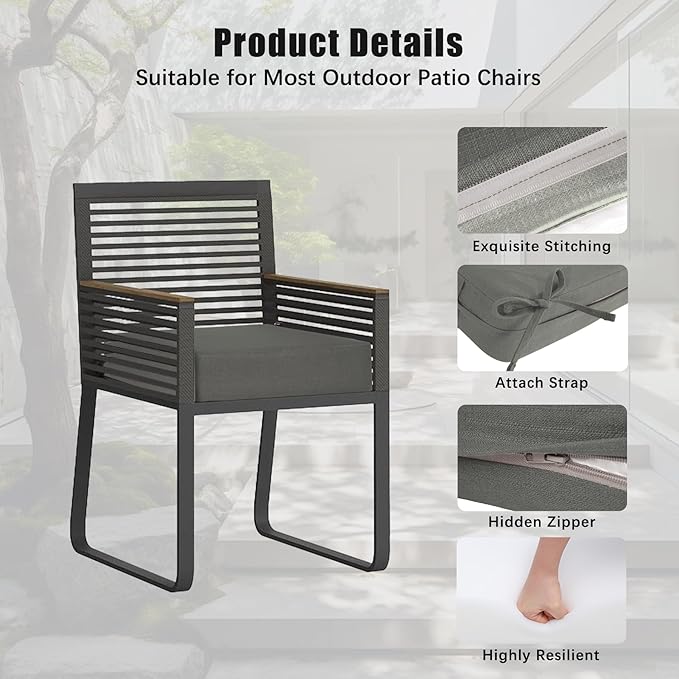 Favoyard Outdoor Chair Cushion 18.5 x 16 x 3 Inch Rainproof & 3-Year Fade Resistant Patio Furniture Cushions with Removable Cover and Adjustable Ties for Garden Sofa Couch Pads Set of 2, Dark Gray