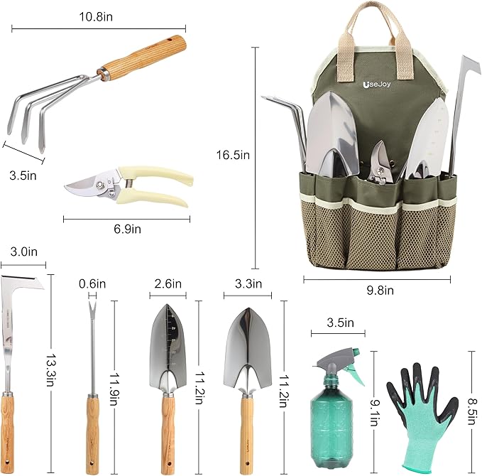 Gardening Tools Set of 9 Garden Hand Tools with Wooden Handles with Garden Bag for Tools Durable Hand Tools for Gardening,Weeding,Ideal Gifts for Women,Men,Parents and Grandparents