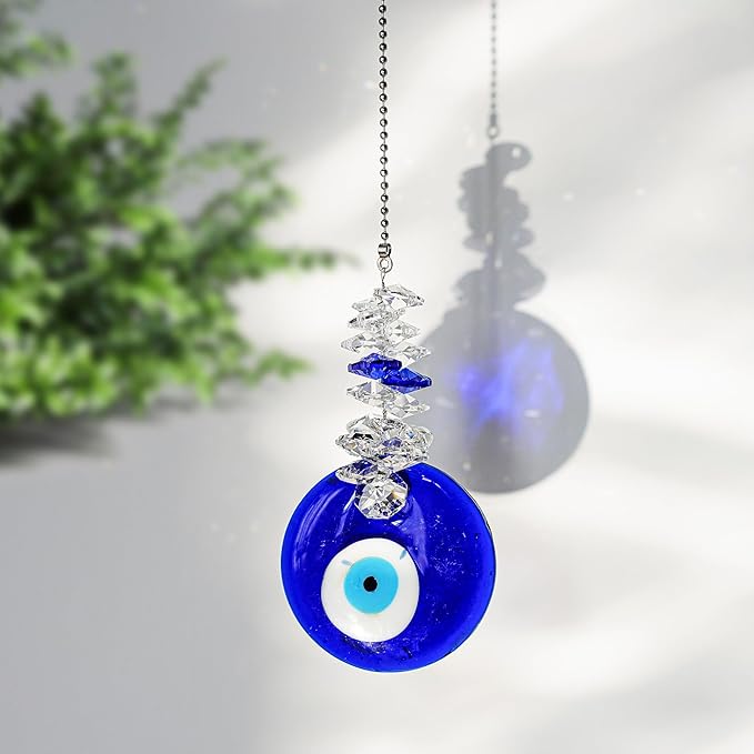 Blue Glass Evil Eye Talisman with Crystal Beads - Good Luck Charm, Home, Office, Car Decoration, Blessing Ornament, Reflects Negative Energy
