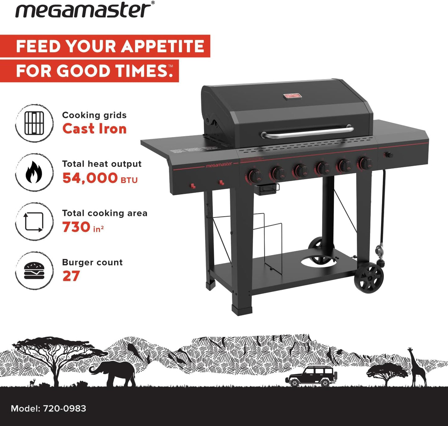 6-Burner Propane Barbecue Gas grill, Side Shelves With Hooks, for Camping, Outdoor Cooking, Patio, Garden Barbecue Grill, Open Cart With Side Tables, Black