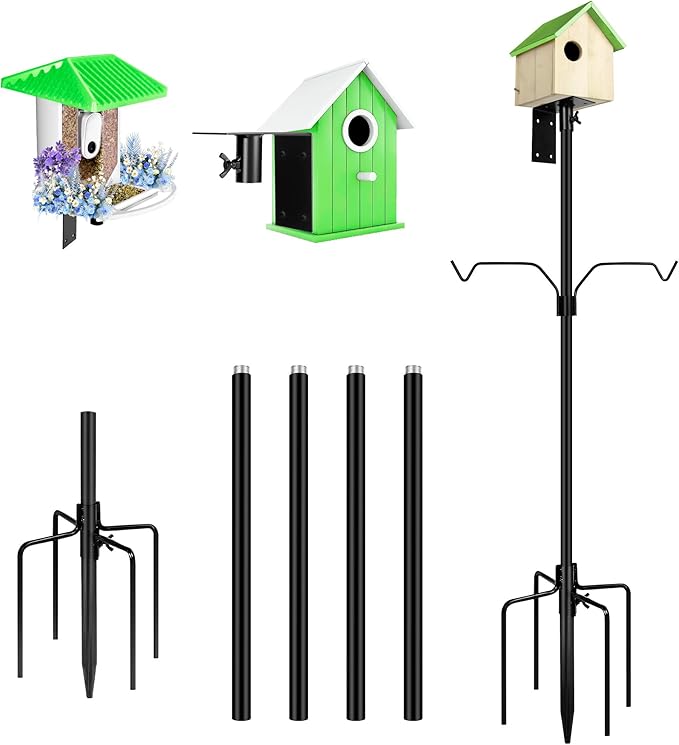 Bird Feeder Pole, 79 Inch Heavy Duty Bird House Pole Mount Kit for Outdoors, Adjustable Metal Bird Feeding Stand, with 2-Hooks, 5-Prong Base for Hanging Feeders, Black
