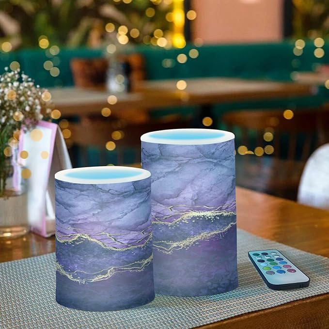 Flickering Flameless Candles, Purple Marble with Golden Veins LED Candles with Remote Timer, Set of 2 Battery Operated Candle for Valentine Wedding Birthday