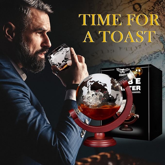 PONPUR Whiskey Globe Decanter, Gifts for Men Dad Father's Day, Anniversary Birthday Gift for Him Husband Boyfriend Grandpa, Unique Housewarming Presents Whisky Bourbon Decanter, 1000ml