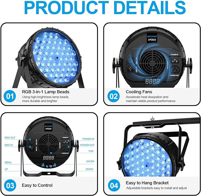 BETOPPER DJ Light 2 Pack, 54x3W LED Par Lights, DMX Stage Lights Sound Activated, Strobe Wash Lighting for Wedding, Church, Party, Club, Concert and Festival Events (2)