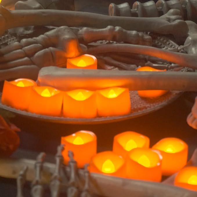 CANDLE CHOICE Battery Operated Flameless Tea Lights Orange Flickering LED Electric Fake Votive Tealight Candles Halloween Pumpkin Thanksgiving Christmas Decorations Centerpieces 24 Pack Batteries Incl