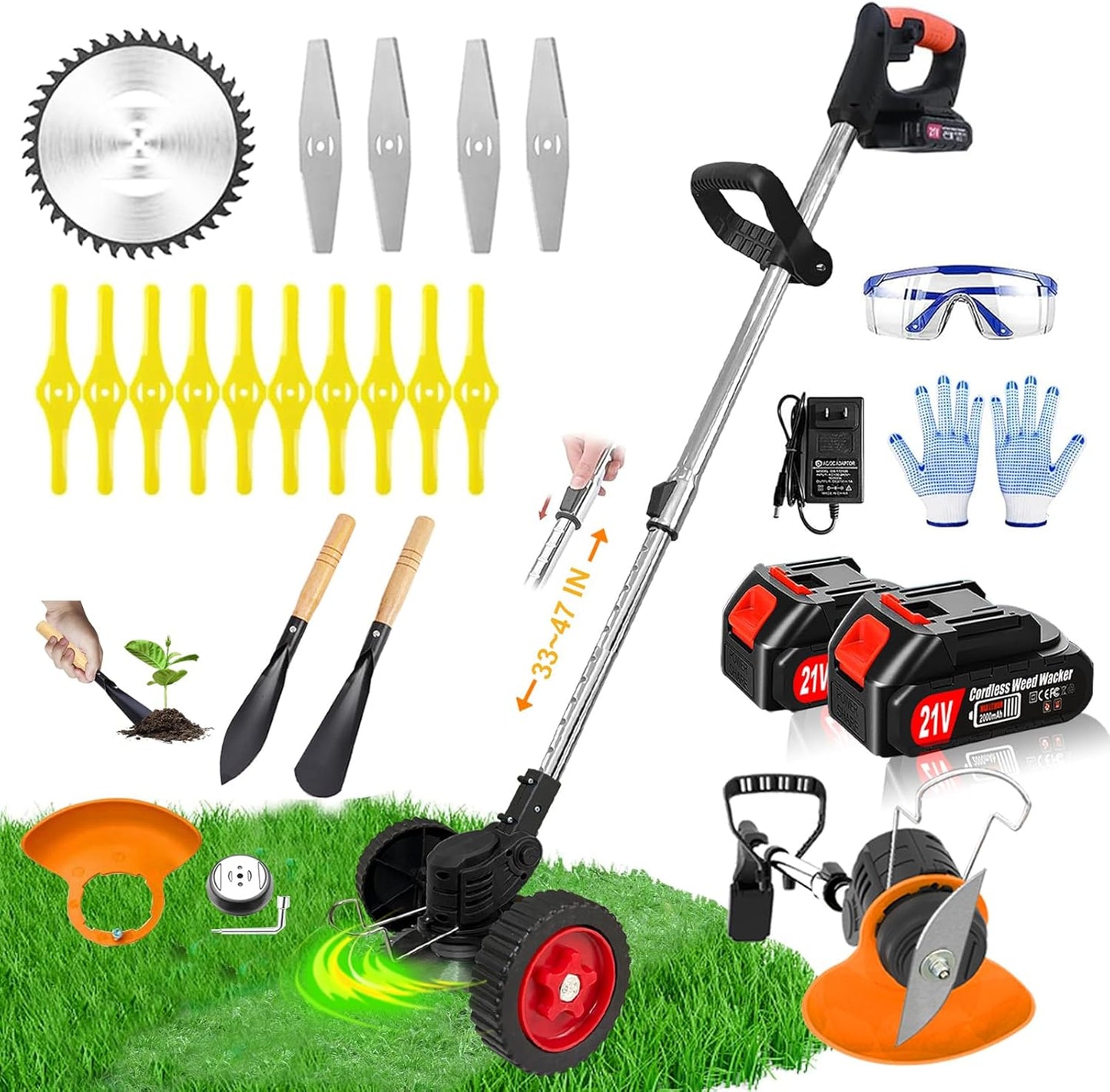 Electric Weed Wacker Eater Cordless Battery Powered, Weed Trimmer 21V Lightweight No-String with 2 Battery Operated & Wheels, 3 in 1 Stringless Grass Trimmer/Edger/Brush Cutter for Garden Yard Lawn
