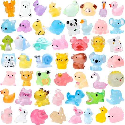 52Pcs Luminous Mini Resin Animals 52 Styles Miniature Glow in the Dark Resin Animal Figures to Hide Tiny Small Little Ducks Turtles Dinosaurs and Frogs for Micro Landscape Dollhouse Fairy Garden Decor