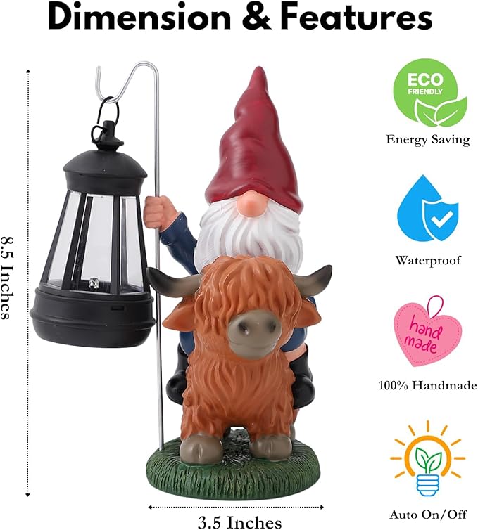 Garden Gnomes Outdoor, Highland Cow Decor, Gnomes Cow Decor for Outside, Gnomes Decorations for Yard, Gnome Garden Decor with Solar Lights, Outdoor Solar Garden Statues, Gnomes Gifts(Red Hat)